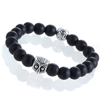 Black Agate Bracelets with Zinc Alloy Owl antique silver color plated natural & frosted 8mm Sold Per Approx 7.5 Inch Strand