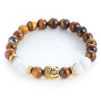 Wrist Mala, Tiger Eye, with Natural White Turquoise & Tibetan Style, Buddha, antique gold color plated, natural, 8mm, Sold Per Approx 7.5 Inch Strand