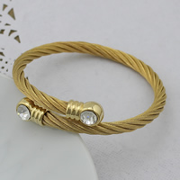 Stainless Steel Bangle, gold color plated, adjustable & with rhinestone, 5mm, Inner Diameter:Approx 52mm, Length:Approx 6 Inch, 6PCs/Lot, Sold By Lot