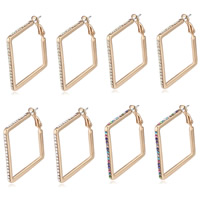 Tibetan Style Hoop Earring, stainless steel post pin, Square, gold color plated, with rhinestone, more colors for choice, lead & cadmium free, 47mm, Sold By Pair