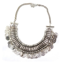 Vintage Coin Statement Necklace, Tibetan Style, with iron chain, with 6cm extender chain, Flat Round, antique silver color plated, twist oval chain, lead & cadmium free, 42cm, Length:Approx 16.5 Inch, 3Strands/Bag, Sold By Bag