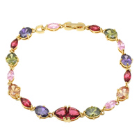 Cubic Zirconia Bracelet, Brass, real gold plated, with cubic zirconia & faceted, multi-colored, nickel, lead & cadmium free, 15.5x8x5mm, 10x7.5x5mm, Length:Approx 8 Inch, 5Strands/Lot, Sold By Lot