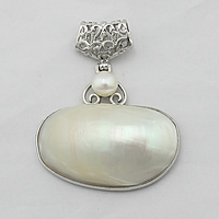 Natural White Shell Pendants, Brass, with White Shell & Freshwater Pearl, platinum color plated, nickel, lead & cadmium free, 49mm, 40x37x13mm, 17x15x5mm, Hole:Approx 3x7mm, 10PCs/Lot, Sold By Lot