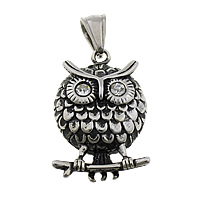 Stainless Steel Animal Pendants, 316L Stainless Steel, Owl, with rhinestone & blacken, 21.50x33x7mm, Hole:Approx 4x8mm, 5PCs/Lot, Sold By Lot