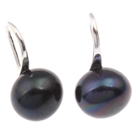 Freshwater Pearl Drop Earring, brass earring hook, Button, platinum color plated, dyed, black, 9-10mm, Sold By Pair