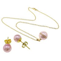 Fashion Stainless Steel Jewelry Sets earring & necklace with Plastic Pearl Round gold color plated oval chain  7.5mm Length Approx 18 Inch Sold By Lot