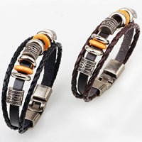 Men Bracelet, Cowhide, with Wood & Tibetan Style, plated, 3-strand, more colors for choice, 12mm, Length:Approx 7 Inch