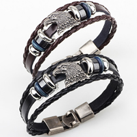 Men Bracelet Cowhide with Non Magnetic Hematite & Wood & Zinc Alloy Eagle plated 12mm Length Approx 7 Inch