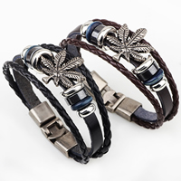 Men Bracelet Cowhide with Non Magnetic Hematite & Wood & Zinc Alloy Marijuana Leaf plated 12mm Length Approx 7 Inch