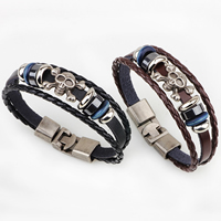 Men Bracelet Cowhide with Non Magnetic Hematite & Wood & Zinc Alloy Skull plated 12mm Length Approx 7 Inch