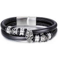 Men Bracelet, Cowhide, with Silicone & Stainless Steel, Skull, for man & 2-strand & blacken, 16mm, Sold Per Approx 8.4 Inch Strand