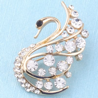 Rhinestone Brooch, Tibetan Style, Swan, gold color plated, with rhinestone, lead & cadmium free, 50mm, 10PCs/Bag, Sold By Bag