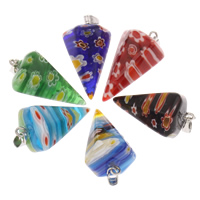 Millefiori Glas hängande smycken, med järn bail, Spike, platina pläterad, fler färger för val, 16x27mm, Hål:Ca 3x6mm, 5PC/Bag, Säljs av Bag