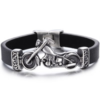 Men Bracelet, Stainless Steel, with Cowhide, Motorcycle, for man & blacken, 12mm, Sold Per Approx 8.6 Inch Strand