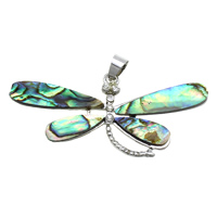 Natural Abalone Shell Pendants, Brass, with Abalone Shell, Dragonfly, platinum color plated, with rhinestone, nickel, lead & cadmium free, 52x27x3mm, Hole:Approx 4x6mm, 10PCs/Lot, Sold By Lot