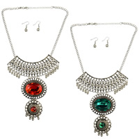 Crystal Tibetan Style Necklace, earring & necklace, with Crystal, 316L stainless steel earring hook, with 2lnch extender chain, antique silver color plated, twist oval chain & faceted, more colors for choice, nickel, lead & cadmium free, Length:Approx 17 Inch, 10Sets/Lot, Sold By Lot