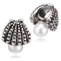 Zinc Alloy European perler, med Glass Pearl, Shell, antik sølv farve forgyldt, uden trold, nikkel, bly & cadmium fri, 11x13.50x10mm, Hole:Ca. 4.5mm, 100pc'er/Lot, Solgt af Lot