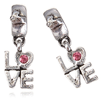 European Style Tibetan Style Dangle Beads, word love, antique silver color plated, without troll & with rhinestone, nickel, lead & cadmium free, 22mm, 7.5x13x2mm, 4x11.5mm, Hole:Approx 5mm, 100PCs/Lot, Sold By Lot