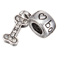 European Style Tibetan Style Dangle Beads, Dog Bone, antique silver color plated, with letter pattern & with rhinestone, nickel, lead & cadmium free, 5.5x13x2mm, 4.5x13x8.5mm, Hole:Approx 4.5mm, 100PCs/Lot, Sold By Lot