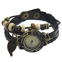 Women Watch Bracelet, Cowhide, with PU Leather Cord & Wax Cord & Wood & Tibetan Style, antique bronze color plated, 5-strand, black, nickel, lead & cadmium free, 36x27mm,10x23mm, Length:Approx 8 Inch, 10Strands/Lot, Sold By Lot