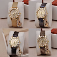 Women Wrist Watch, Tibetan Style, with PU Leather & Glass, gold color plated, for woman & enamel & with rhinestone, more colors for choice, 30mm, Length:Approx 8.5 Inch, 10PCs/Lot, Sold By Lot