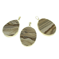 Picture Jasper Pendant with iron bail Flat Oval gold color plated - Approx Sold By Bag