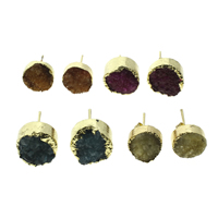 Druzy Earring, Ice Quartz Agate, iron post pin, Flat Round, gold color plated, natural & druzy style, more colors for choice, 10x18mm-14x18mm, 50Pairs/Bag, Sold By Bag