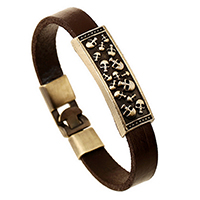 Men Bracelet, Tibetan Style, with Cowhide, Skull, antique bronze color plated, with skull pattern, brown, 10mm, Length:Approx 8.2 Inch, 20Strands/Lot, Sold By Lot
