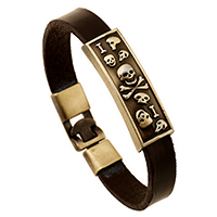 Men Bracelet Zinc Alloy with Cowhide Skull antique bronze color plated brown 10mm Length Approx 8.2 Inch Sold By Lot