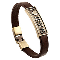 Men Bracelet, Tibetan Style, with Cowhide, Rectangle, word Jesus, antique bronze color plated, brown, 10mm, Length:Approx 8.2 Inch, 20Strands/Lot, Sold By Lot