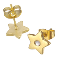 Stainless Steel Stud Earrings, Star, gold color plated, with rhinestone, 9.50x9.50x1.50mm, 5Bags/Lot, 12Pairs/Bag, Sold By Lot
