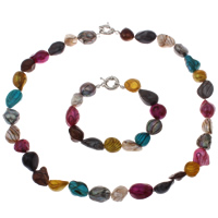 Natural Cultured Freshwater Pearl Jewelry Sets, bracelet & necklace, brass spring ring clasp, multi-colored, 11-14mm, Length:Approx 18 Inch, Approx 7 Inch, Sold By Set