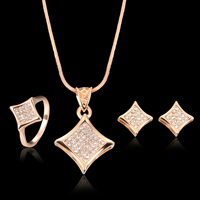Tibetan Style Jewelry Sets, finger ring & earring & necklace, with iron chain, stainless steel post pin, Rhombus, gold color plated, oval chain & with rhinestone, lead & cadmium free, 10x10mm, 16x25mm, US Ring Size:5.5-8, Length:Approx 17.5 Inch, Sold By Set