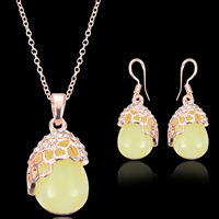 Resin Jewelry Sets earring & necklace Zinc Alloy with iron chain & Resin brass earring hook Teardrop rose gold color plated oval chain & with rhinestone lead & cadmium free  Length Approx 17.5 Inch Sold By Set