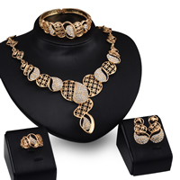 Tibetan Style Jewelry Sets, bangle & finger ring & earring & necklace, stainless steel earring post and Omega clip, with 5cm extender chain, gold color plated, with rhinestone, lead & cadmium free, 39x29mm, 74x63mm, 142x108mm, Inner Diameter:Approx 55mm, US Ring Size:5.5-8, Length:Approx 7 Inch, Approx 19 Inch, Sold By Set