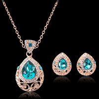 Crystal Jewelry Sets, earring & necklace, Tibetan Style, with iron chain & Crystal, stainless steel earring post and Omega clip, with 5cm extender chain, Teardrop, rose gold color plated, oval chain & faceted & with rhinestone, lead & cadmium free, 26x24mm, 48x31mm, Length:Approx 20.5 Inch, Sold By Set