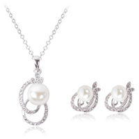 Zinc Alloy Jewelry Sets earring & necklace with ABS Plastic Pearl & iron chain stainless steel earring post and Omega clip with 5cm extender chain Flower platinum color plated oval chain & with rhinestone lead & cadmium free  Length Approx 18 Inch Sold By Set