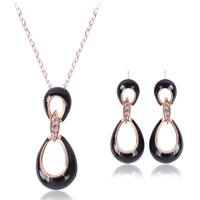 Tibetan Style Jewelry Sets, earring & necklace, with iron chain, stainless steel post pin, with 5cm extender chain, Teardrop, rose gold color plated, oval chain & enamel & with rhinestone, black, lead & cadmium free, 54x23mm, 53x21mm, Length:Approx 20.5 Inch, Sold By Set