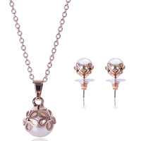 Zinc Alloy Jewelry Sets earring & necklace with ABS Plastic Pearl & plastic earnut & iron chain stainless steel post pin with 5cm extender chain Flower gold color plated oval chain white lead & cadmium free  Length Approx 15.5 Inch Sold By Set