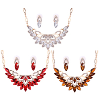 Crystal Jewelry Sets, earring & necklace, Tibetan Style, with plastic earnut & Crystal, stainless steel post pin, with 5cm extender chain, Flower, gold color plated, faceted & with rhinestone, more colors for choice, lead & cadmium free, 23x9mm, 52x89mm, Length:Approx 16.5 Inch, Sold By Set
