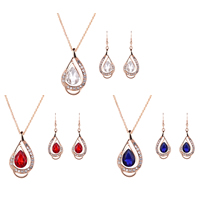 Crystal Jewelry Sets, earring & necklace, Tibetan Style, with iron chain & Crystal, brass earring hook, with 5cm extender chain, Teardrop, gold color plated, rope chain & faceted & with rhinestone, more colors for choice, lead & cadmium free, 47x16mm, 48x25mm, Length:Approx 16.5 Inch, Sold By Set