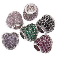 Cubic Zirconia Micro Pave Brass European Beads, Heart, platinum color plated, micro pave cubic zirconia & without troll, more colors for choice, lead & cadmium free, 16x10x9mm, Hole:Approx 4.5mm, Sold By PC