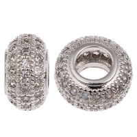 Cubic Zirconia Micro Pave Brass European Beads, Rondelle, platinum color plated, micro pave cubic zirconia & without troll, lead & cadmium free, 6x11.5mm, Hole:Approx 5mm, Sold By PC