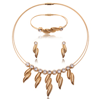Zinc Alloy Jewelry Sets bracelet & earring & necklace with Tiger Tail Wire stainless steel post pin Leaf gold color plated with rhinestone lead & cadmium free   Length Approx 8 Inch Approx 16.5 Inch Sold By Set