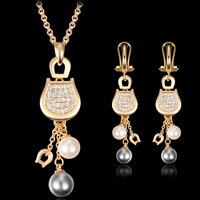 Tibetan Style Jewelry Sets, earring & necklace, with ABS Plastic Pearl & iron chain, with 5cm extender chain, gold color plated, oval chain & with rhinestone, lead & cadmium free, 60x12mm, 60x18mm, Length:Approx 17.5 Inch, Sold By Set