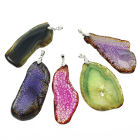 Crackle Agate Pendant, with iron bail, Nuggets, platinum color plated, mixed colors, 22x48x5mm-35x58x6mm, Hole:Approx 4x5mm, 10PCs/Bag, Sold By Bag