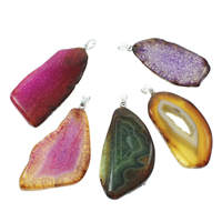 Crackle Agate Pendant, with iron bail, Nuggets, platinum color plated, mixed colors, 22x40x5mm-33x50x6mm, Hole:Approx 4x5mm, 10PCs/Bag, Sold By Bag