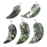 Moss Agate Pendants, with iron bail, Horn, platinum color plated, 27x58x8mm-33x65x9mm, Hole:Approx 4x5mm, 10PCs/Bag, Sold By Bag