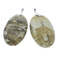 Picture Jasper Pendant, with iron bail, Flat Oval, platinum color plated, 37x58x10mm-40x61x11mm, Hole:Approx 4x5mm, 10PCs/Bag, Sold By Bag