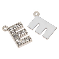 Tibetan Style Alphabet and number Pendants, Letter E, platinum color plated, with rhinestone, nickel, lead & cadmium free, 16x20x2mm, Hole:Approx 1mm, 100PCs/Bag, Sold By Bag